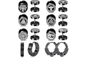 JeweBella 8Pair Pendientes Hombres Acero Inoxidable Vikingos Runa Negro Pendientes Cabeza de Lobo Nudo Celta Juego de Pendientes Classic Punk Hipoalergénico Pendientes de Aro para Hombres Mujeres