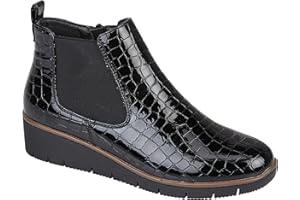 Jo & Joe Ladies Croc Patent Chelsea Wedge Ankle Boot With Side Gusset, Inside Zip For Ease Of Wear & Warm Fur Lining. Sizes 4-8