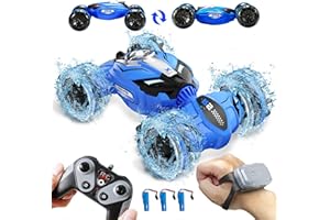 Aucrsozk Enfants Amphibie Télécommandée Voiture Jouet pour 3 4 5 6 7+ Ans, 2.4Ghz 4WD Tout Terrain Telecommande Voiture avec Contrôle Gestuel pour Adulte, Etanches RC Car pour Noël Cadeaux (Bleu)