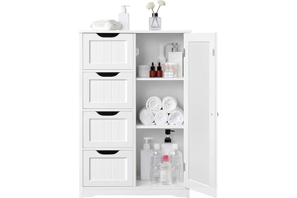 Yaheetech Underskåp badrumsskåp med 4 lådor och dörrförvaring justerbar hyllplan vardagsrum/kök/hall 56 x 30 x 82 cm