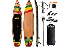 ‎CALA CALA 2023 Stand-Up-Paddling Board Set im Rucksack-Trolley, i-SUP aufblasbar, robustes Surfboard mit Seegras-Anteil, leichtes Voll-Carbon Paddel (775g), Reparatur Kit, Pumpe, 3 abnehmbare Finnen, Ventil, Kappe