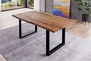 BETT11 SAM B-Ware Baumkantentisch 160x85cm Barney, Sheesham-Holz naturbelassen, Esstisch mit echter Baumkante, massiver Esszimmertisch mit U-Gestell Mattschwarz, Tischplatte 35mm