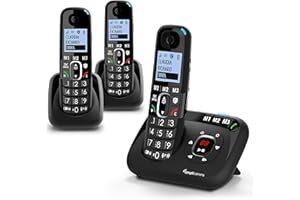 Amplicomms BigTel 1583 Trio, téléphone DECT sans Fil à Grosses Touches, répondeur, Trois combinés, Audio-Boost, sonneries puissantes, Compatible avec Les Aides auditives
