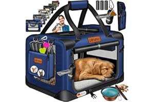 Lovpet® Transportín para perros, plegable, incluye cuenco para alimento, tamaño S: 49,5 x 34,5 x 35 cm, caja de transporte para mascotas, perros y gatos, azul marino