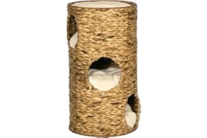 PawHut Tazzone tiragraffi alto 73 cm con 3 grotte, albero tiragraffi con cuscino, torre per gatti in giacinto d'acqua, per gatti fino a 3,5 kg, marrone chiaro