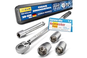 S&R Chiave Dinamometrica Auto 1/2. Set Chiave Dinamometrica Moto Professionale 28-210 Nm con Prolunga e Bussole da 17, 19, 21mm. Torque Wrench 47.5 cm. Custodia Pratica e Robusta.