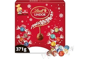 Lindt - Boîte Partage LINDOR - Assortiment de Chocolats au Lait, Blancs, Noir 70%, Noix de Coco, Double Chocolat, Caramel Pointe de Sel, Noisettes et Noir 45%​ - Cœur fondant - Idéal pour Noël, 371g