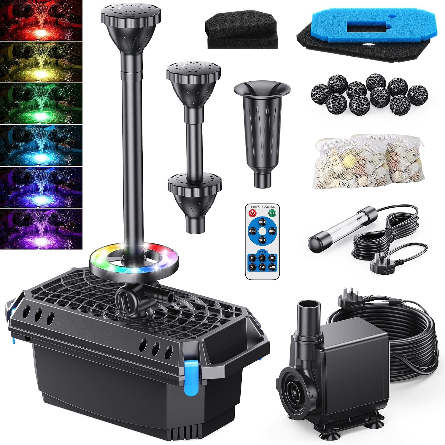 Biling Pond Filter with UV Clarifier and LED Lights, 2500 L/H Fountain Pump, RGB Remote Control Lights, 3 Nozzles, Black, Electric, for 4000L Garden Pond Care Water Features Stream Waterfall Treatment