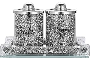 BTSKY Set di 3 contenitori per sale e pepe con vassoio, in vetro di cristallo schiacciato, per sale e pepe, accessori da cucina