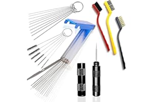 APSTOUR 32 Pieces Carbon Dirt Jet Remove Cleaner For Carburetor, Airbrush, Spray Gun-5 Cleaning Needles+10 Nylon Brushes +13 Pieces Cleaning Wires Set + 1 Sharpen Pick Tool Kit+3 Large Brushes