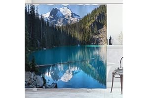 ABAKUHAUS Zimowa zasłona prysznicowa, zestaw do dekoracji łazienki z haczykami, 175 x 180 cm, zielona, biała, niebieska