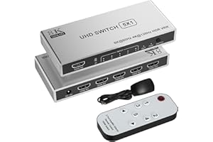 RYTAKI 8K HDMI 2.1 Switch 4K 120Hz/8K 60Hz, Aluminium 5 In 1 Out HDMI Switch mit Fernbedienung,5 Port HDMI 2.1 Splitter Unterstützung 3D HDR10 HDCP2.3 VRR 48Gbps kompatibel PS5/4/3 Xbox Roku TV Fire Stick PC