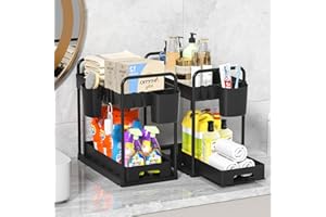 MQVXT organizer sottolavello cucina a 2 Livelli con 4 Ganci e 2 Bacinelle Sospese,Scorrevole Scaffale Sottolavello Portaoggetti,Estraibile Cassetti Organizer per Cucina Bagno,Nero