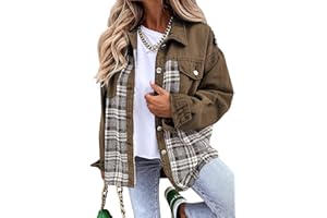 PLACITIUME Women's Button Down Denim Jackets for Women Fashion Long Sleeve Plaid Shacket Jacket