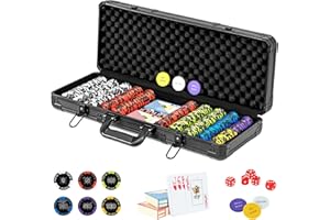 COSTWAY Poker Chips, Set di Fiches da Poker con 500/300 Chips e Custodia in Alluminio, Mazzo di Carte 5 Dadi, Set di Fiches per Party Viaggi e Feste (500 chips)