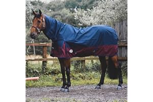 EQUITACK YOUR PASSION IS OUR MISSION Equitack Turnout Rug for Horses | 600D Polyester, Lightweight 0g No Filling Horse Cover | Teflon Coated, Breathable Horse Rain Sheet with Full Neck | Washable Horse Rug (Navy/Burgundy 6'3'')