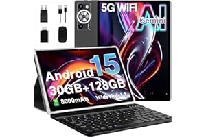 ‎DEERTIME DEERTiME Android 15 Tablet 10 Zoll mit Gemini AI, 30GB RAM + 128GB ROM(TF 2TB), Octa-Core, 8000mAh, 5G/2.4G WLAN, Widevine L1 FHD, 8MP+5MP | Face ID | GPS | BT5.0 | GMS Tablets mit Tastatur - Schwarz