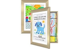 Americanflat Cornice Porta Disegni per Bambini (Oro) - Cornice A4 con Passepartout e 25x32 cm Senza Passepartout - Cornice Apribile per Disegni Bambini con Vetro Infrangibile, Pacco da 2