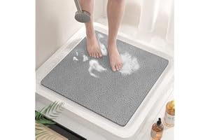 HITSLAM Square Shower Mat Non Slip Anti Mould, 53 x 53cm Soft PVC Loofah Shower Mat for Inside Shower, Bath Mat Anti Slip With Drain, Quick Drying Shower Bath Mat, Grey