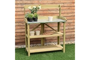 FEFE® 3 Tier Wooden Potting Planting Outdoor Garden Work Bench Table Station Storage Shelf Tray Wood Garden Planting Work Station Bench with Hooks and Shelves for Patios/Courtyards,