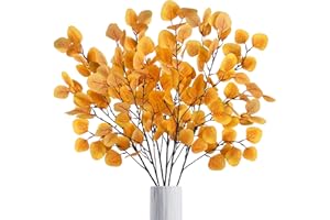ROLLWAY 6 PCS Eucalipto Artificiale Rami Decorativi Lunghi, Giallo Foglie Finto Rami Finti Eucalipto Foglie Finte Eucalipto Artificiali per Decorazioni Interni, Alto Vaso, Balcone, Matrimoni, Casa , Festa