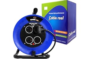 Vabe UK 25m Long Extension Lead, 4 Socket Cassette Cable Reel Drum with Thermal Cut Out - Heavy Duty Extension Cord Reel with Carry Handle for Outdoors, Garden, Office & Home