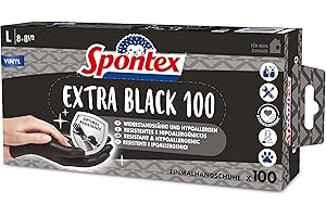 Spontex Extra Black jednorazowe rękawiczki z winylu, niepudrowane i nie zawierają lateksu, wszechstronne zastosowanie, w praktycznym pudełku, rozmiar L, opakowanie 100 sztuk, czarne