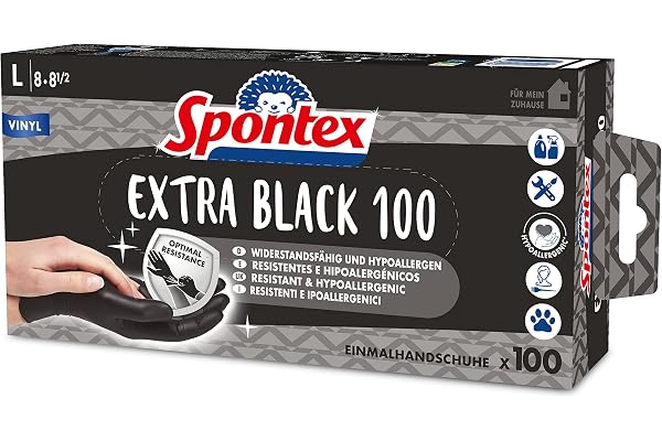 Spontex Extra svarta engångshandskar av vinyl, opuderade och latexfria, mångsidiga, i praktisk dispenserlåda, storlek L, 100