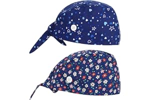 Mabor 2Pcs Scrub Caps, Scrub Hats for Nurses Women with Buttons and Sweatband, Nursing Cap for Women, Star, Heart & Daisy Pattern, Adjustable Sweatband Bouffant Hats