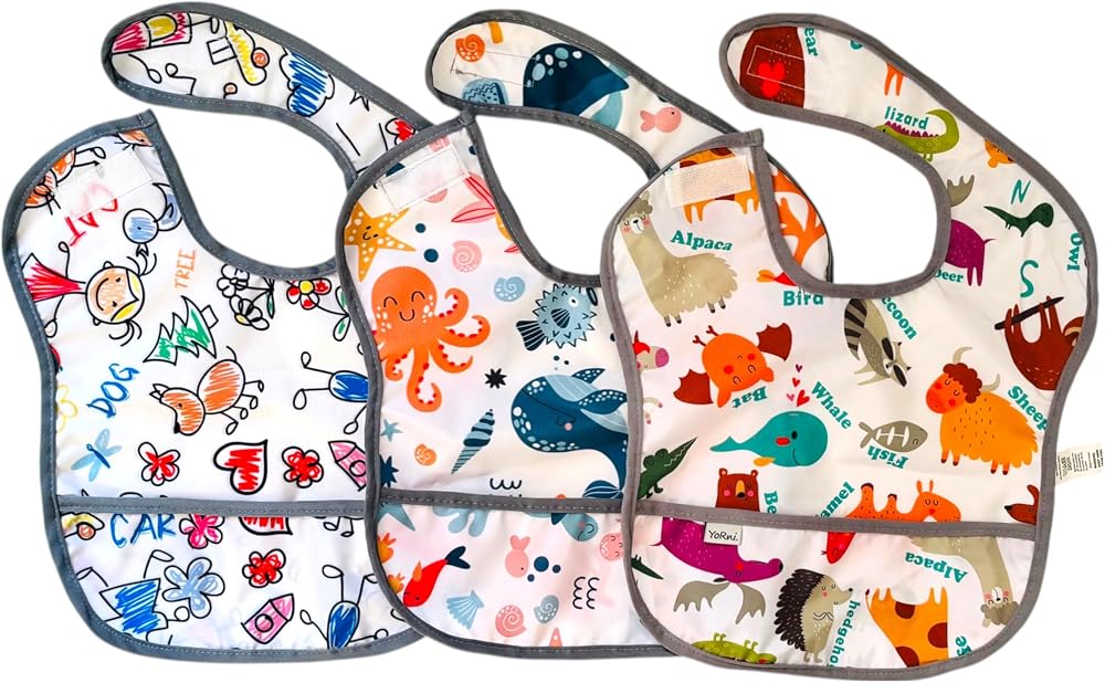 Yorni Bebek Mama Önlüğü, 3'lü Set, 6-24 Ay, Sıvı Geçirmez, Cepli, Cırtlı Kapamalı, 3 Farklı Desenli