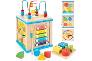 WOODMAM Cubo attività 7-in-1 in Legno, Giocattoli Montessori per Bambini di 1 Anno, Giocattoli Educativi e Sviluppo per Neonati, Idee Regalo per Il Primo Compleanno di Maschi e Femmine