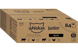 Whiskas Junior våt mat för katter, klassiskt urval i sås, 84 portionspåsar, 84 x 85 g (1 storförpackning) – högkvalitativt ka
