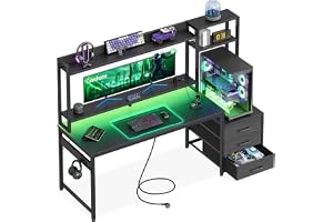 Coleshome Gamingbord med Hylla och 3 Lådor, 161x48cm, Svart kolfiber