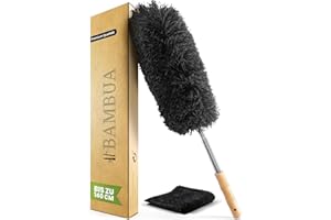 ‎BAMBUA BAMBUA Staubwedel Teleskop - Effektiver Staubfänger mit erstklassiger Mikrofaser - Nachhaltiger Bambusgriff - Premium Staubwischer inkl. Mikrofasertuch - Teleskop Staubwedel lang ausziehbar (140cm)