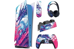 PlayVital Skin Kompatibel mit ps5 Konsole Digital Edition,Aufkleber Vinyl-Skin Schutzfolie Stickers für PS5 Konsole,Controller,Ladestation,Headset,Medienfernbedienung-Neon Drachenreiter