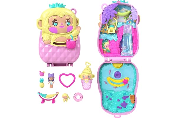 Polly Pocket dockor och lekset, Pineapple Monkey Compact | Reseleksak med 1 mikrodocka, husdjur, hängmatta och frukttillbehör