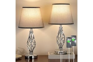 KAKANUO Lampada da Tavolo Set di 2, Lampada da Comodino Touch Dimmerabile con Porte di Ricarica USB-A+C Paralume in Lino Grigio, Abat Jour da Comodino Moderno per Camera da Letto Soggiorno Ufficio