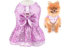 SMALLLEE_LUCKY_STORE Metallic Sequins Dog Harness Dress, Cute Bow Pet Wedding Party Formal Dress for Small Dog Cat Girls with D-ring Puppy Skirt Yorkie Chihuahua Summer Clothes,Fuchsia,S