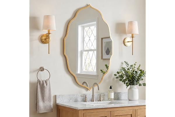 PerfNIQUE Guld väggspegel, 81 x 51 cm vågig oval spegel för badrum, stor dekorativ spegel för entré, sovrum och vardagsrum, h