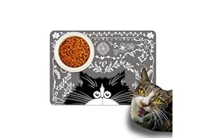 DEAD SET STUDIO Feeding Mat for Cats, Premium Non Slip Cat Food Water Floor Mat, Washable Surface Pet Bowl Mats, Various Designs for Cats - Charming Whiskers