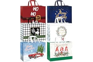 DECHISY 6 Stück Geschenktüten Weihnachten Groß, Non Woven Geschenktüten Weihnachten mit Griffen, Wiederverwendbare Weihnachtstüten mit 6 Designs, perfekt für Neujahr Dekorationen, 42 x 32.5 x 18 cm