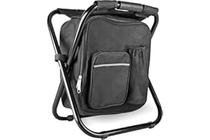 Kikerike Portable Stool Backpack Cooler Chair 300 LBS Max Load Folding Fishing Cooler Backpack Stool for Outdoors Hiking Beach Travel - Black