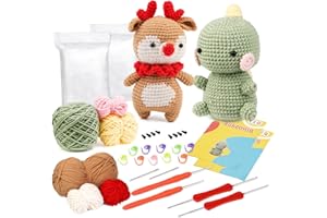 Ruasol Häkelpaket für Anfänger, Häkelpaket mit Garn, DIY-Häkelpaket für Anfänger, Häkelnadeln, Schritt-für-Schritt-Anleitungsvideo, Häkel-Starter-Kit für DIY-Bastelkunst, Hirsch und Dinosaurier