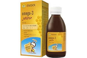 ‎MEDEX Medex Omega 3 Kinder Junior Sirup, 74% honigbasiert - 143 g Honig, ausgezeichneter Geschmack, 250 mg DHA, 50 mg EPA; zugesetzte Vitamine A, B12, C, D, E, Folsäure, ab 3 Jahren, 140 ml