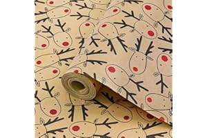 Koncci Christmas Wrapping Paper Roll, 43cm*15m Recyclable Brown Kraft Xmas Wrapping Paper, Reindeer Head Design, for Xmas Gift Wrap, Party Decoration