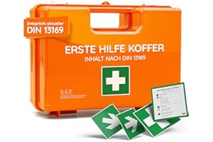 Trousse de premiers secours pour les entreprises DIN 13169 en orange, trousse de premiers secours remplie et avec support mural