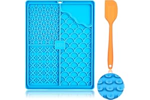 CIICII Alfombrilla para Lamer Perros, Comederos Lentos para Perros 10.3 x 8.3 Pulgadas con Ventosa (Azul para Lamer Perros + Espátula Naranja) para Golosinas para Perros y Gatos