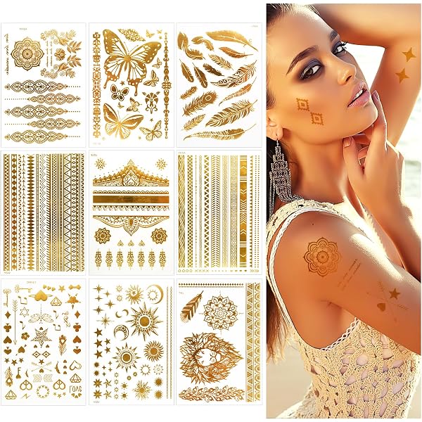 Metallic Glitzer Tattoos Für Erwachsene - 8 Blätter Mit Blumen & Mustern (wasserfest)