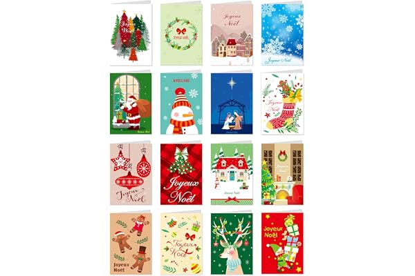 DPKOW Joyeux Noël Cartes de Vœux avec Enveloppe, 16 Différentes Noël Cartes en Français pour Noël Nouvel an Cadeau, Joyeux Noël Cartes postales pour Parents Amis Collègues Voisins Professeur