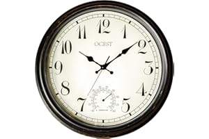 OCEST Grande horloge murale d'extérieur et d'intérieur,Étanche,Avec thermomètre,Résistante aux intempéries,Sans tic-tac,À piles,Pour terrasse, piscine, lanai, clôture, porche, salle de bain,40.6 cm